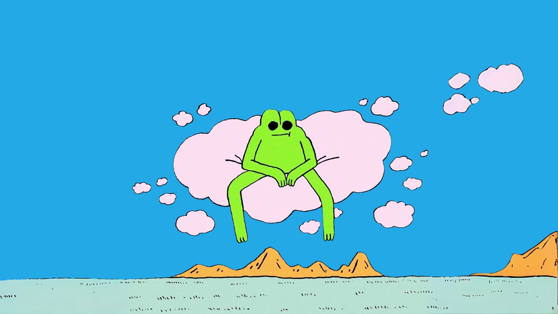 FENG sitting on a pink cloud, relaxed