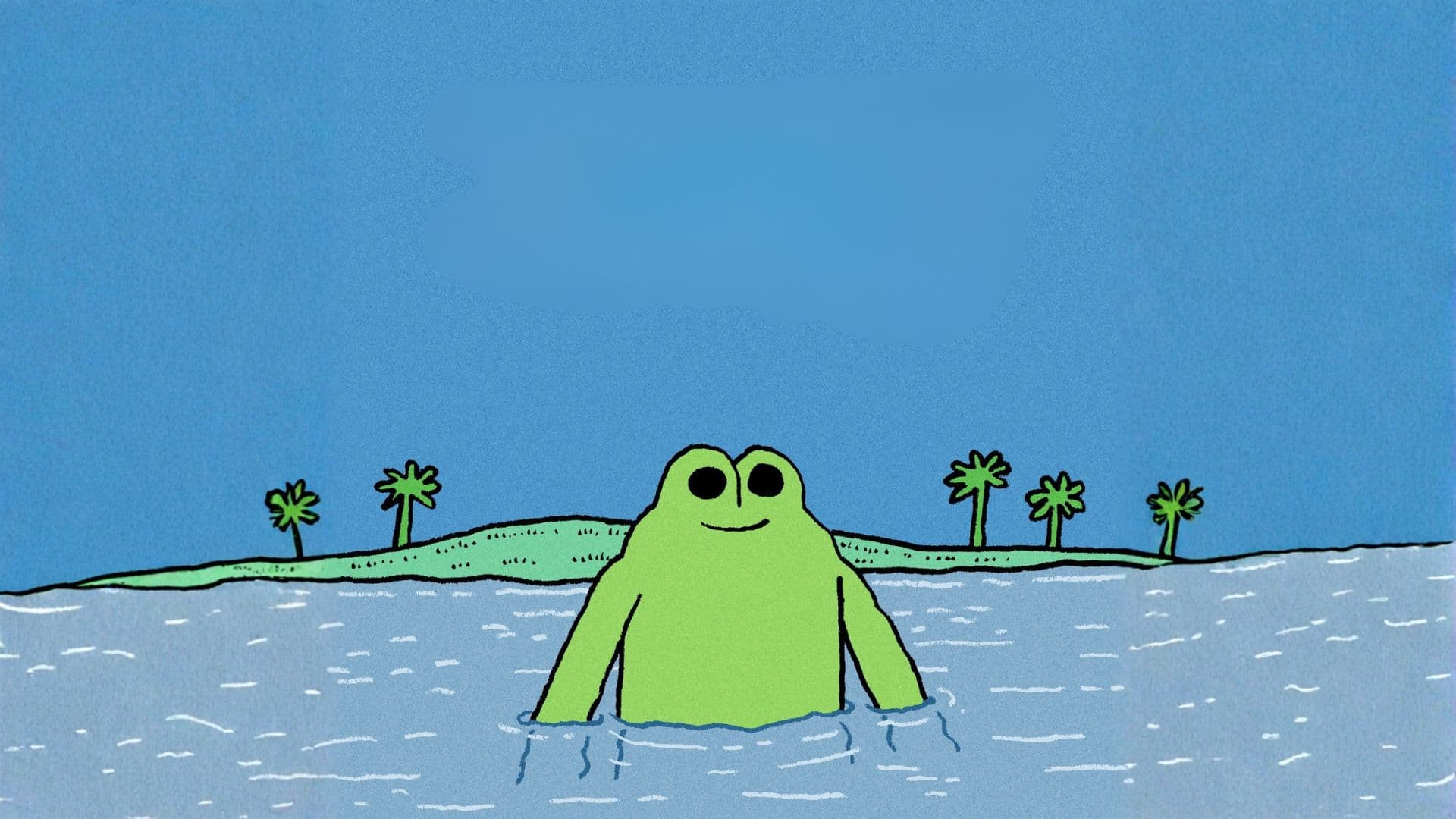 FENG wading calmly in the ocean, palm trees in the background